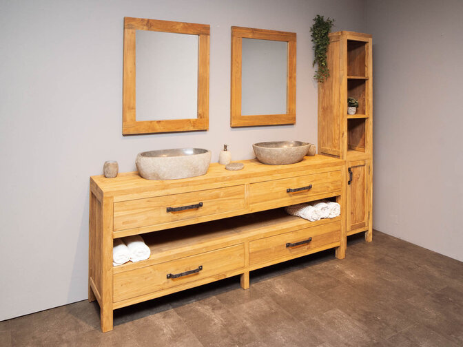 Badmöbel-Set 200 cm naturfarben inkl. Schrank Spiegeln und Waschbecken