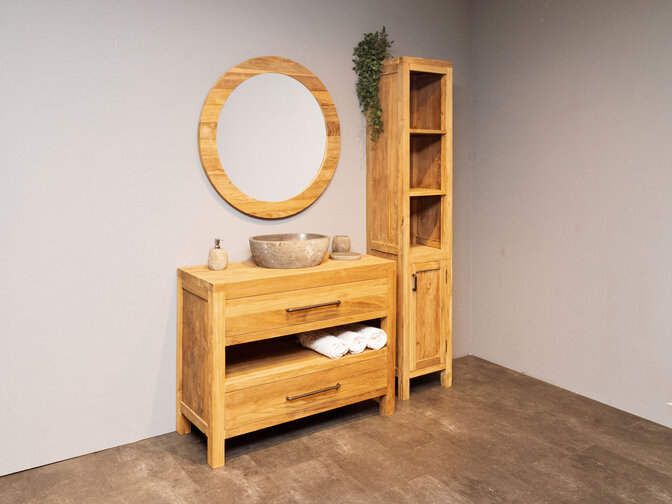 Teak-Badmöbel-Set 110 cm naturfarben inkl. Schrank rundem Spiegel und Waschbecken