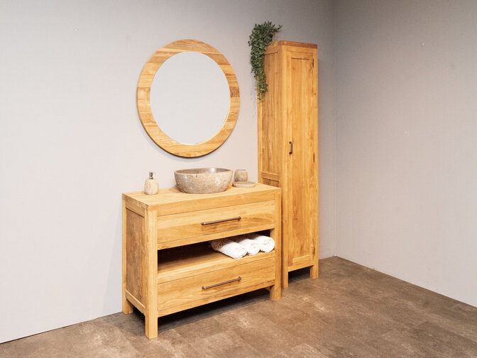 Teak-Badmöbel-Set 110 cm naturfarben inkl. Schrank rundem Spiegel und Waschbecken