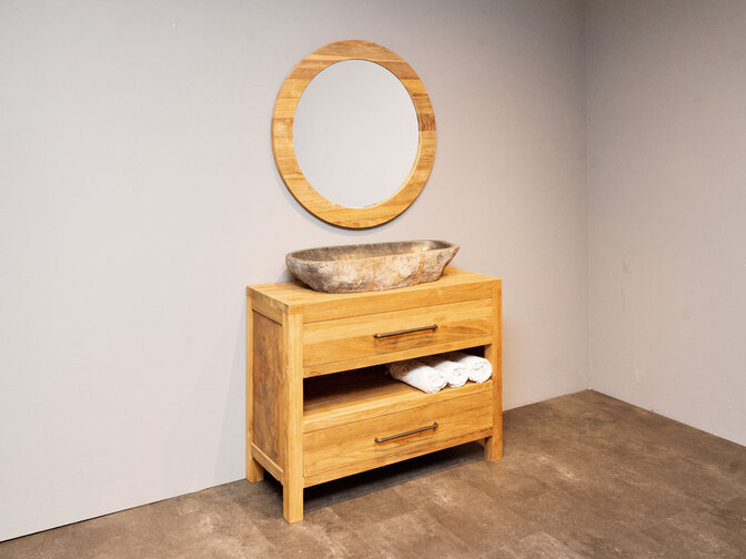 Teak-Badmöbel-Set 110 cm naturfarben inkl. Spiegel und Waschbecken