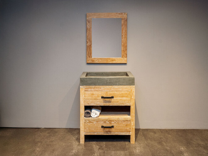 Badmöbel-Set aus Teakholz 80 cm – White Wash inkl. Spiegel und Waschbecken