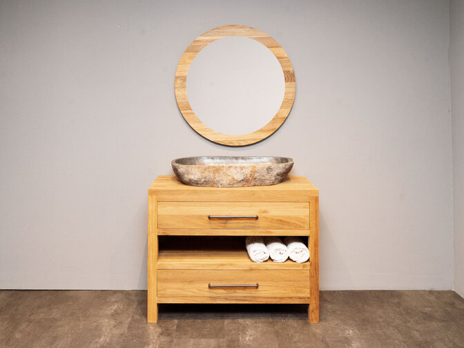 Teak-Badmöbel-Set 110 cm naturfarben inkl. Spiegel und Waschbecken