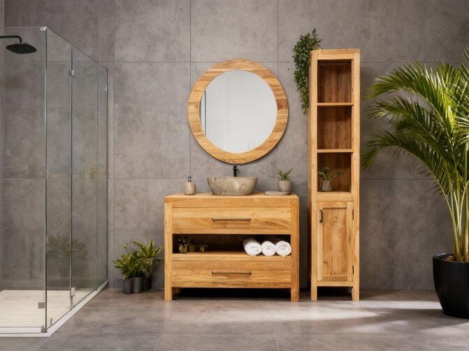 Teak-Badmöbel-Set 110 cm naturfarben inkl. Schrank rundem Spiegel und Waschbecken