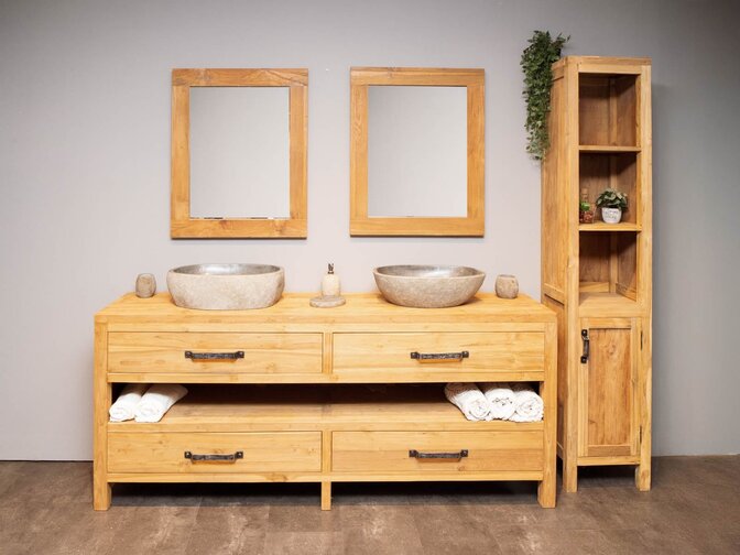 Badmöbel-Set 200 cm naturfarben inkl. Schrank Spiegeln und Waschbecken