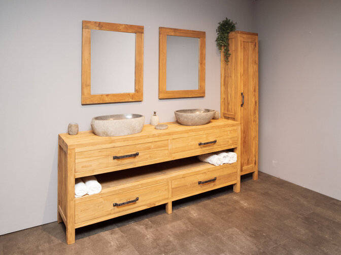 Badmöbel-Set 200 cm naturfarben inkl. Schrank Spiegeln und Waschbecken