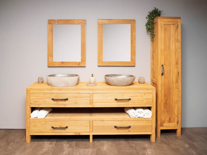 Badmöbel-Set 200 cm naturfarben inkl. Schrank Spiegeln und Waschbecken