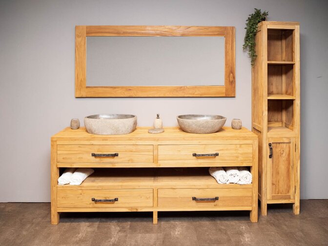 Badezimmermöbel-Set aus Holz 200 cm Naturfarbe inkl. Schrank Spiegel und Waschbecken