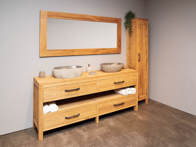 Badezimmermöbel-Set aus Holz 200 cm Naturfarbe inkl. Schrank Spiegel und Waschbecken