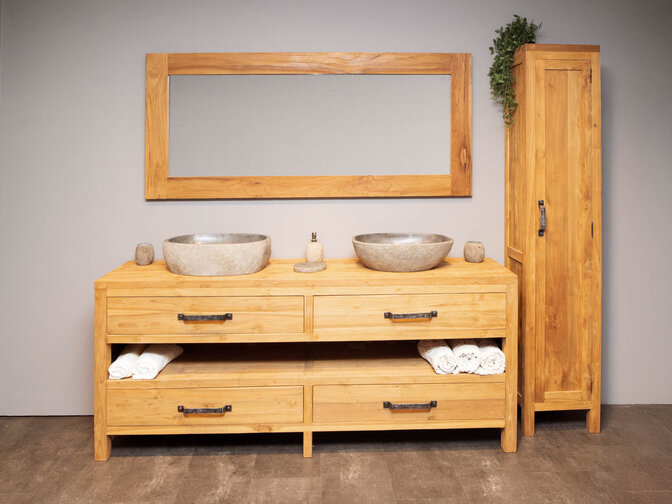 Badezimmermöbel-Set aus Holz 200 cm Naturfarbe inkl. Schrank Spiegel und Waschbecken