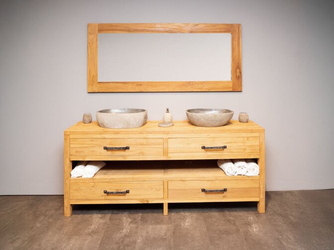 Badezimmermöbel-Set 200 cm Naturfarbe inkl. Spiegel und Waschbecken