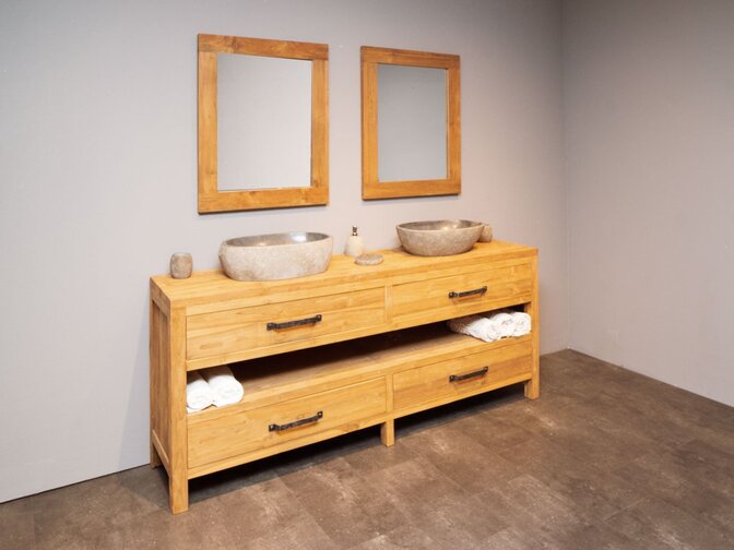Badezimmermöbel-Set 200 cm Naturfarbe inkl. Spiegel und Waschbecken