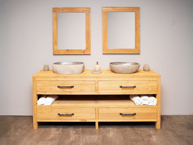 Badezimmermöbel-Set 200 cm Naturfarbe inkl. Spiegel und Waschbecken