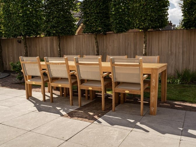 Teak Gartenset Verona 300 + 8 Gartenstühle Torino Batyline