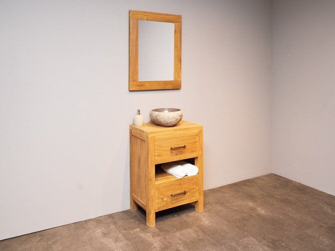 Teak Badmöbel-Set 60 cm naturfarben mit Spiegel und Waschbecken