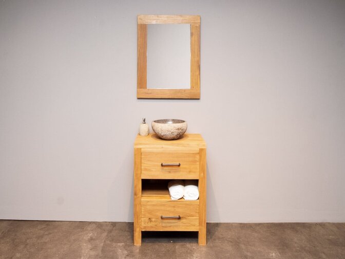 Teak Badmöbel-Set 60 cm naturfarben mit Spiegel und Waschbecken