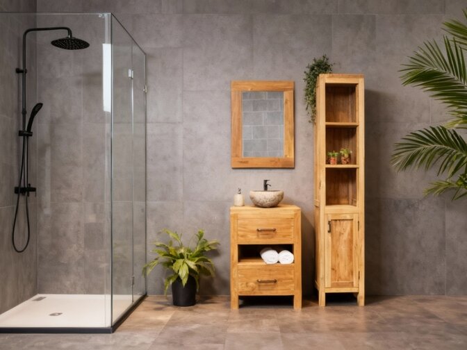 Teak Badmöbel-Set 60 cm naturfarben mit Spiegel und Waschbecken