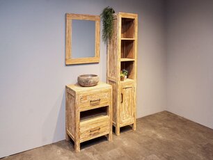 Badmöbel-Set 60 cm White Wash mit Schrank Spiegel und Waschbecken