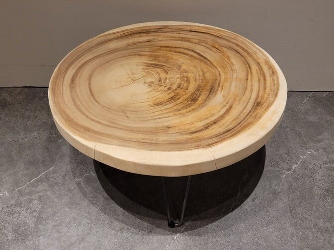 Runder Couchtisch mit Hairpins & Baumstamm-Tischplatte 80x41 cm