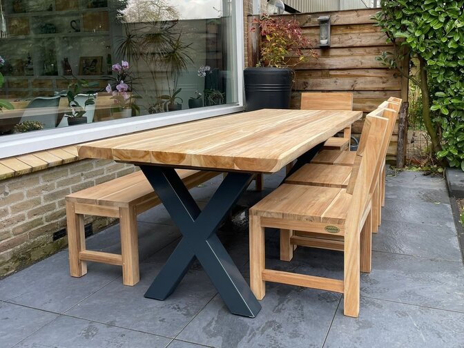 Tischplatte aus Teak-Baumstamm 95x240cm für den Außenbereich