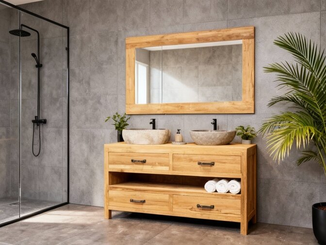 Badezimmermöbel-Set 160 cm naturfarben inkl. Spiegel und Waschbecken