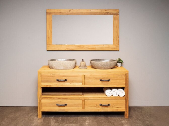 Badezimmermöbel-Set 160 cm naturfarben inkl. Spiegel und Waschbecken
