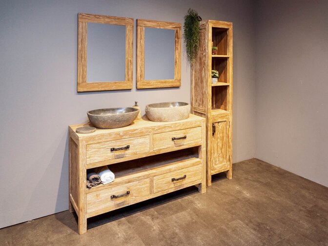 Teak-Badezimmermöbel-Set White Wash 140 cm mit Schrank, Spiegel, Waschbecken