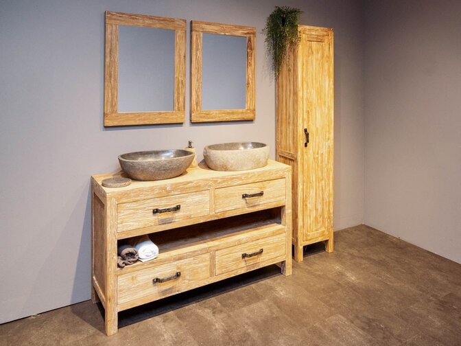 Teak-Badezimmermöbel-Set White Wash 140 cm mit Schrank, Spiegel, Waschbecken