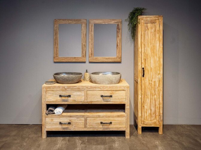Teak-Badezimmermöbel-Set White Wash 140 cm mit Schrank, Spiegel, Waschbecken