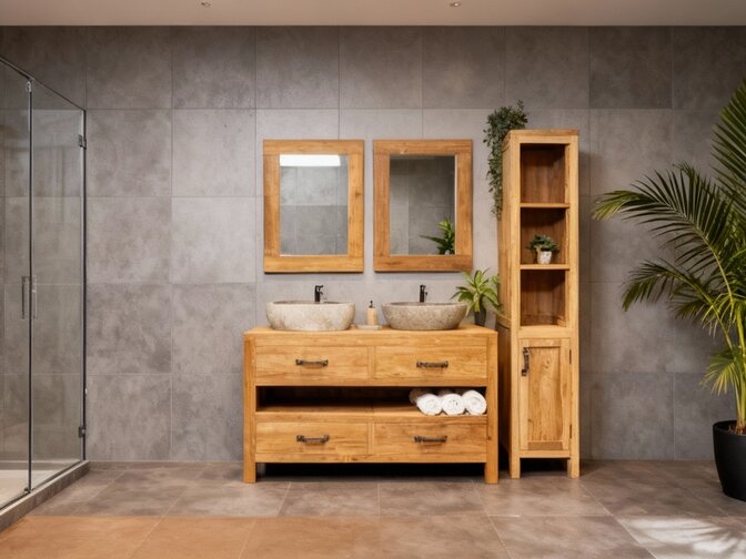 Badezimmermöbel-Set 140 cm Natural inkl. Schrank Spiegel und Waschbecken