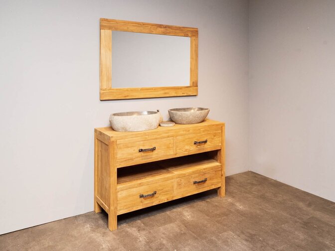 Badezimmermöbel-Set aus Teakholz 140 cm naturbelassen inkl. Spiegel und Waschbecken