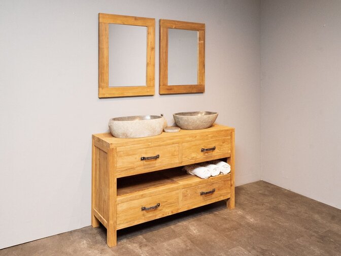 Badezimmermöbel-Set aus Teakholz 140 cm naturbelassen inkl. Spiegel und Waschbecken