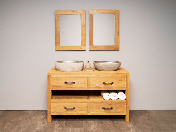 Badezimmermöbel-Set aus Teakholz 140 cm naturbelassen inkl. Spiegel und Waschbecken