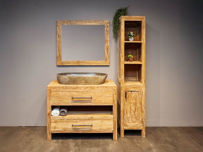 Badezimmermöbel-Set aus Holz 110 cm White Wash inkl. Schrank Spiegel und ovalem Waschbecken
