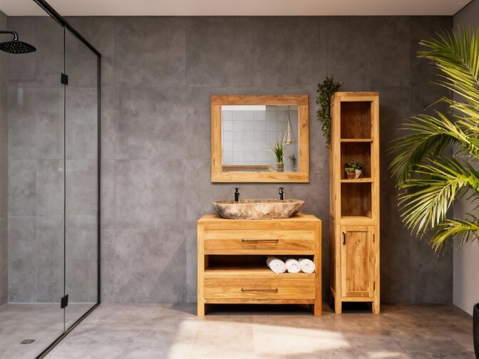 Badmöbel-Set 110 cm naturfarben mit Schrank Spiegel und ovalem Waschbecken