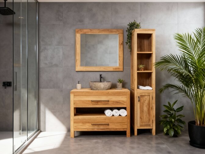 Badezimmermöbel-Set aus Teakholz 110 cm naturfarben mit Schrank Spiegel und Waschbecken