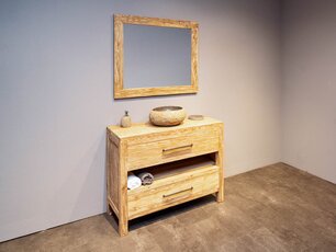 Badezimmermöbel-Set aus Teakholz 110 cm White Wash mit Spiegel und Waschbecken
