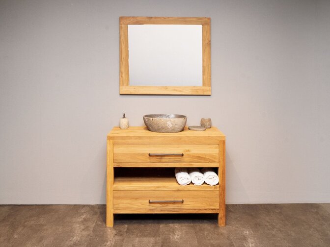 Teak-Badmöbel-Set 110 cm naturfarben inkl. Spiegel und Waschbecken