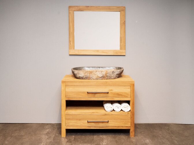 Teak-Badmöbel-Set 110 cm naturfarben inkl. Spiegel und Waschbecken