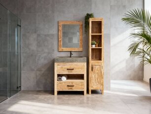 Badmöbel-Set 80 cm White Wash inkl. Schrank Spiegel und Waschbecken