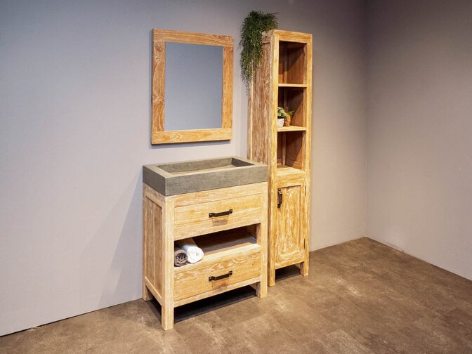 Badmöbel-Set 80 cm White Wash inkl. Schrank Spiegel und Waschbecken
