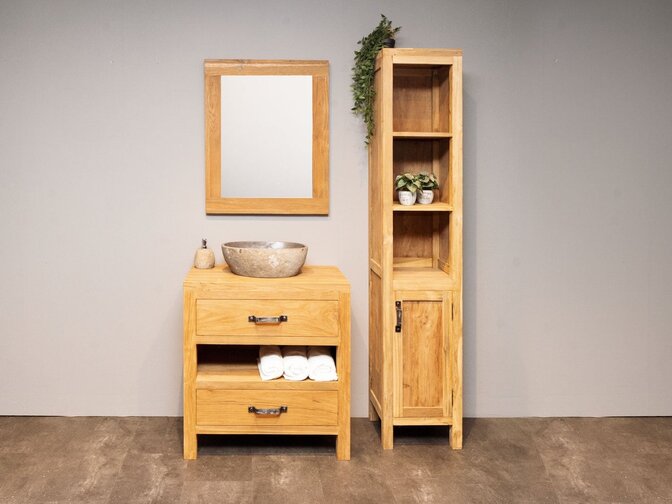 Badmöbel-Set 80 cm Natur inkl. Schrank Spiegel und Waschbecken