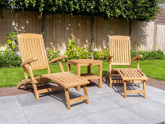 Angebot: 2x Liegestuhl New Ocean mit Kissen und Beistelltisch Roma 50