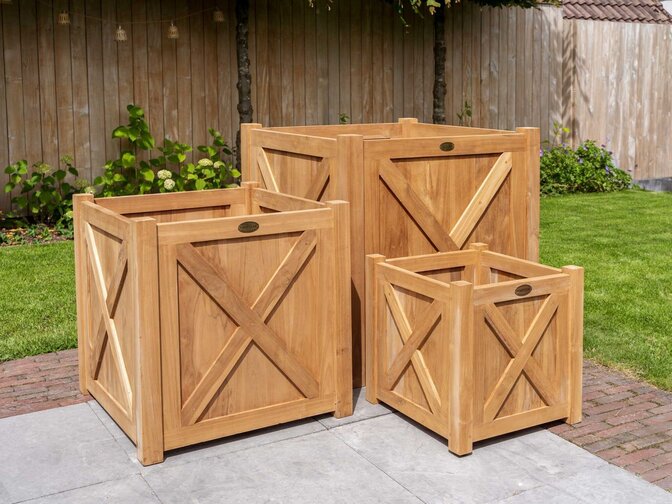 Teak-Pflanzkübel quadratisch 90x90cm mit Kreuz