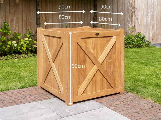 Teak-Pflanzkübel quadratisch 90x90cm mit Kreuz