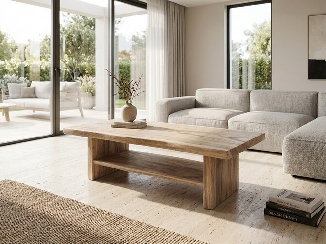 Couchtisch aus Suar-Baumstamm 60x150x50 cm – mit unterer Ablage