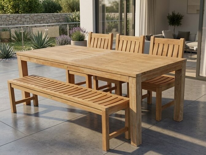 Teak Gartenset 215 + Gartenbank + 3 Stühle