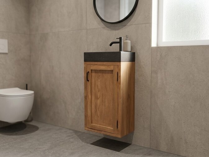 Waschbeckenunterschrank aus Teakholz mit Waschbecken komplett – Natur