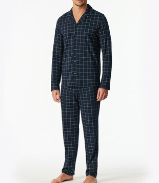 Schiesser Lange pyjama blauw geruit - Fine Interlock