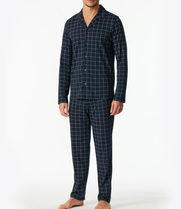 Schiesser Lange pyjama blauw geruit - Fine Interlock