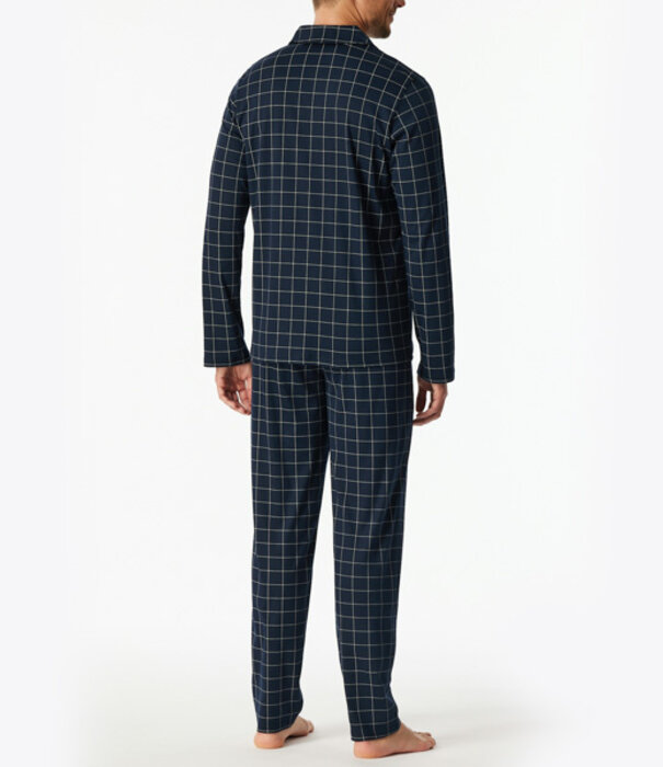 Schiesser Lange pyjama blauw geruit - Fine Interlock